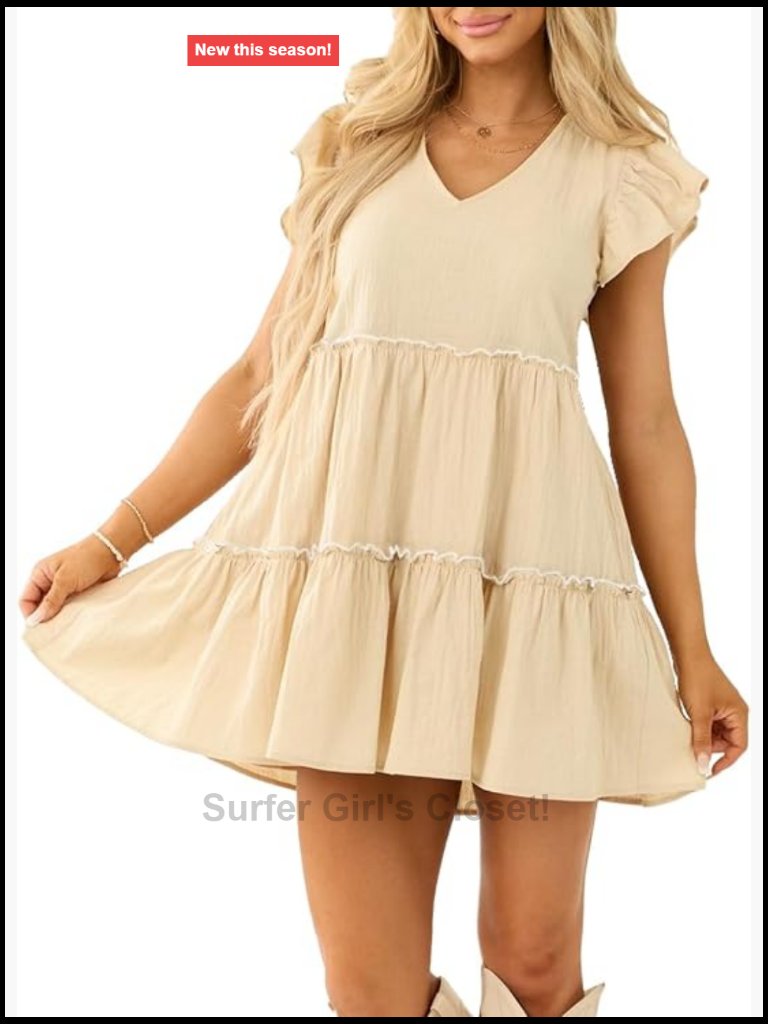 Summer Ruffle Sleeve Babydoll Mini Dress V Neck Tie Back Flowy A Line Short